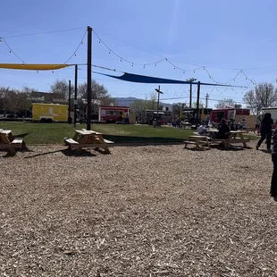  group of people sitting at picnic tables