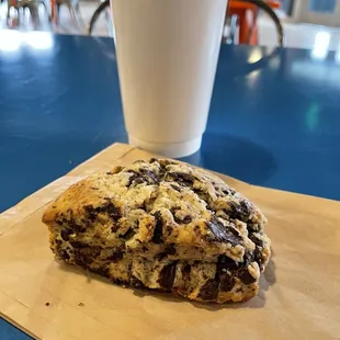 Chocolate scone, coffee