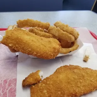 Hot, fresh Moby Dick Seafood with onion rings!