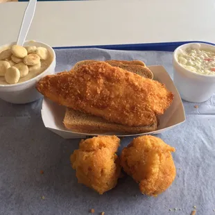 The not-so-clammy Chowder, First Mate on rye, "large" coleslaw and hush puppies.