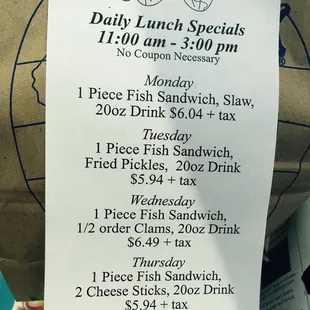 menu for lunch specials