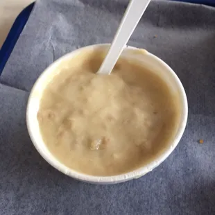 The (not-so-clammy) Clam Chowder. (Needs crackers to bulk it up.)