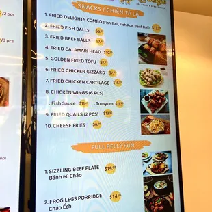 Snacks and Food Menu