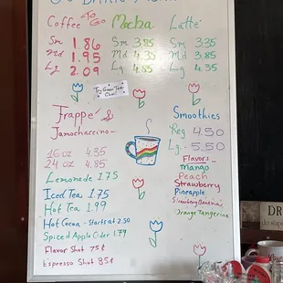 Coffee menu