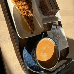 Honeycomb, chocolate milk cake and black tea