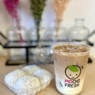 Fancy Milk Tea $4.50 + Fresh Mochi (red bean &amp; taro mix) $6