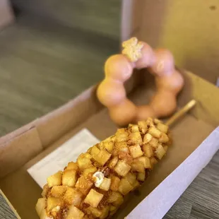 White chocolate coffee donut and Korean cone dog