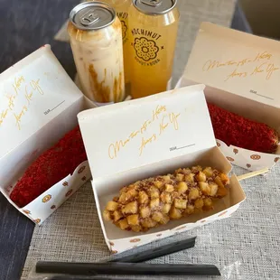Hot Cheetos Mozzarella Rice Hot Dog, Potato Half Mozzarella Rice Hot Dog with sugar sprinkled on top, Brown Sugar Boba Milk Tea, Peach Tea