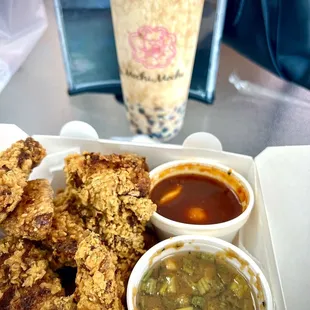 Original chicken wing with soy garlic and galbi sauce.  Galbi sauce is the best! And tiger brown sugar milk tea  with boba and red beans