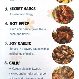 menu for korean fried wings