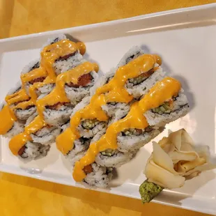 Spicy tuna (no avocado) and spicy salmon rolls