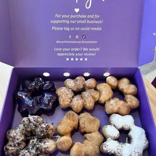 Ube Glazed, Salted Caramel, Original Glazed Cookies n Cream, Churro, Powdered Sugar