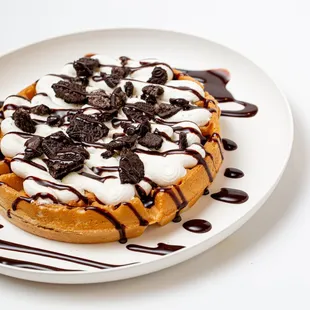 Combo 2. Mochi Waffle with Oreo Crumbs, Whipped Cream &amp; Chocolate Syrup. When you order all toppings will be on the side.