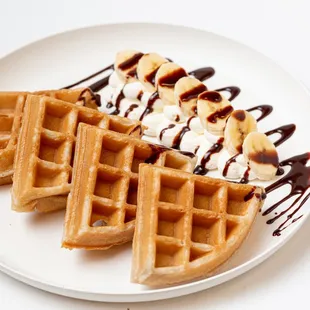 Combo 6 . Mochi Waffle with fresh banana , whipped cream &amp; Chocolate syrup.When you order all toppings will be on the side.