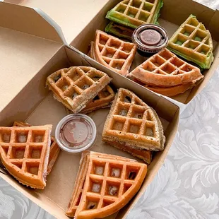 Taro and Black Sesame with Nutella topping and Red Bean and Pandan Waffle with Chocolate Topping. ***All waffles are placed separately***