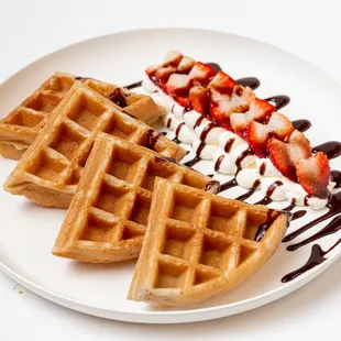 Combo 4. Mochi Waffle with fresh strawberry , whipped cream &amp; chocolate syrup. When you order all toppings will be on the side.