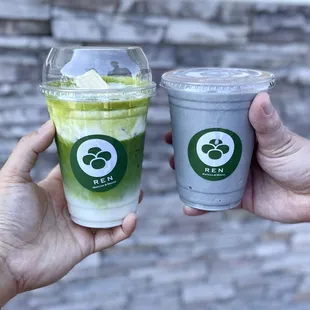 Tiramisu matcha latte and large black sesame shake