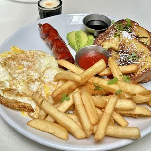 Huevos a la Pobre $23 (2eggs, 1sausage, fries, 2French toasts, 3avocado slices, ketchup, purple corn syrup) sampler drink $2 + tax&amp;tip $32