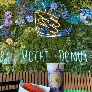 Korean corndog with hot Cheetos and a ube cloud drink