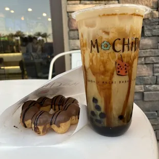 Tag a Long Mochi Donut Brown Sugar Milk Tea with Boba