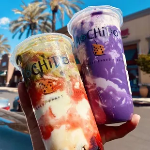 Strawberry Matcha and Ube drink