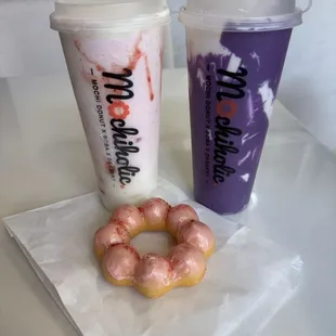 Strawberry Mochi Smoothie and Ube Milk with Mochi Topping + Strawberry Mochi Donut