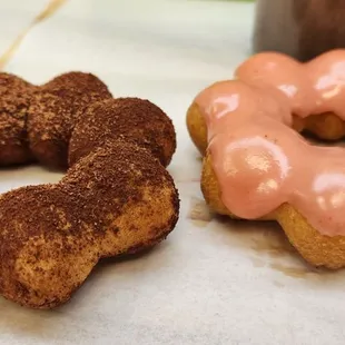 three doughnuts on a table