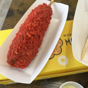 Flaming hot Cheetos corn dog