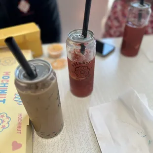 Coffee boba and strawberry ice tea with popping boba
