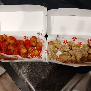 Popcorn chicken and hot Cheeto tots