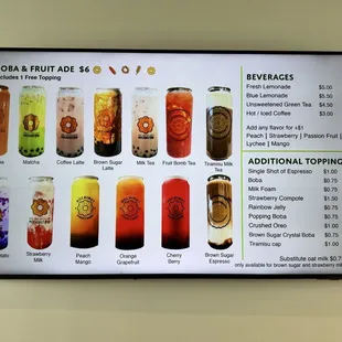 The different types of Boba's offered. all made on site and put in a can.