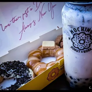 Mochi donuts an a brown sugar Bubble Tea Drink