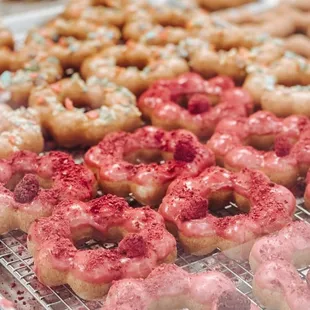 Raspberry and Fruity Pebbles Mochi donut