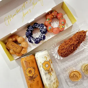 3 pack Mochi donuts, crispy ramen half &amp; half, Thai tea,  brown sugar