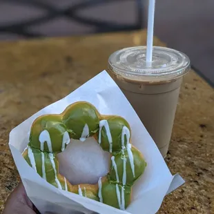 Matcha donut and ice coffee