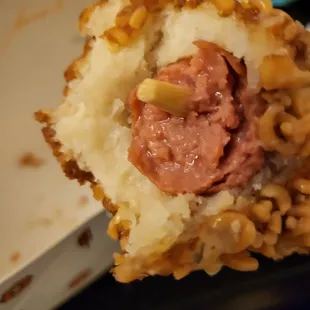 Lots of batter on one side. I ended up pulling off the batter and only eating the dog half way cause it was too much