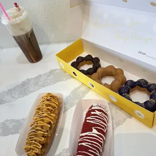 Potato half &amp; half with chipotle mayo, hot Cheetos half &amp; half with ranch. Chocolate, churro, ube donuts.