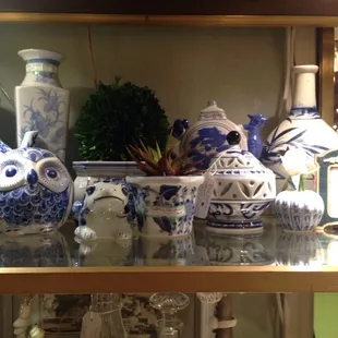 An assortment of Blue willow ceramics .