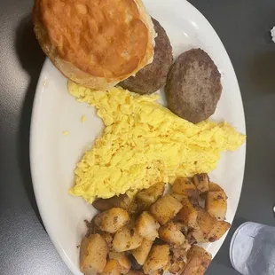 Eggs, sausage, biscuit and home fries. 6/10