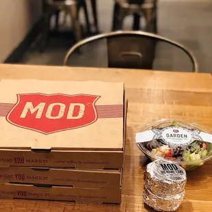 Pizza , salad and No Name Cakes