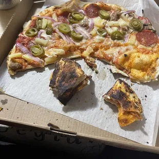 A badly burnt, cold, uncut pizza