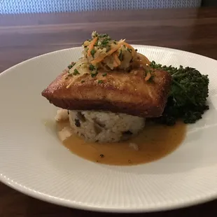 Glazed salmon with broccolini and shitake sticky rice