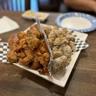 Incredible mix of Cheese-dusted Chicken and Yangnyum flavored chicken. Not kidding, it's amazing.