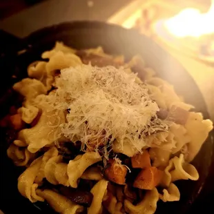 Harvest Cal-Ital Pasta (vegan) $16: butternut squash, mushrooms, vegan bacon, sage, garlic, vegan parm, vegan brown butter sauce