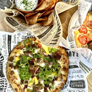 Pizza and house chips with onion dip