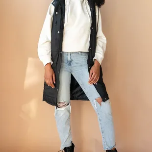 longline puffer vest restocked!