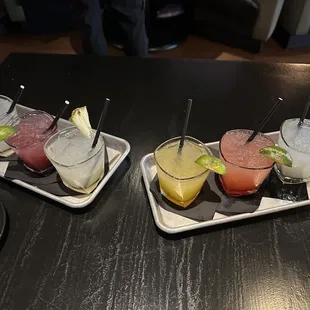 Margarita flight..from left to right...original, blueberry, pineapple, mango, strawberry and original. Pineapple was our favorite!