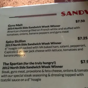 The Northside Sandwich Competition Winners from years past are easy to find on the menu.