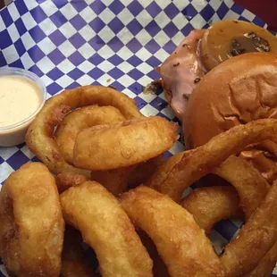 Hawaiian burger with the best onion rings ever!
