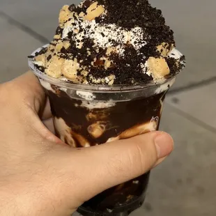 Stacker with Hot Fudge, Cookie Dough, Oreo, and Soft Served Vanilla Ice Cream